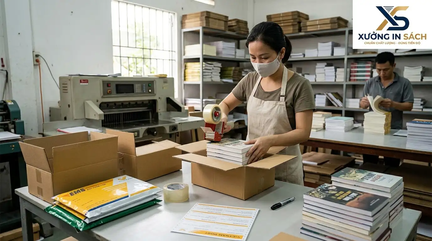 Thao tác đóng gói sách gửi bưu điện bằng thùng carton chuyên dụng