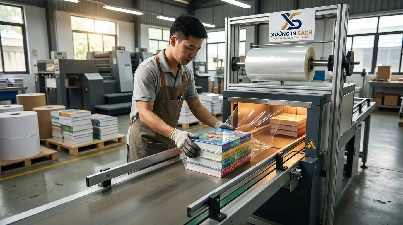 quy trình bọc màng co bảo vệ sách tại xưởng in alpha