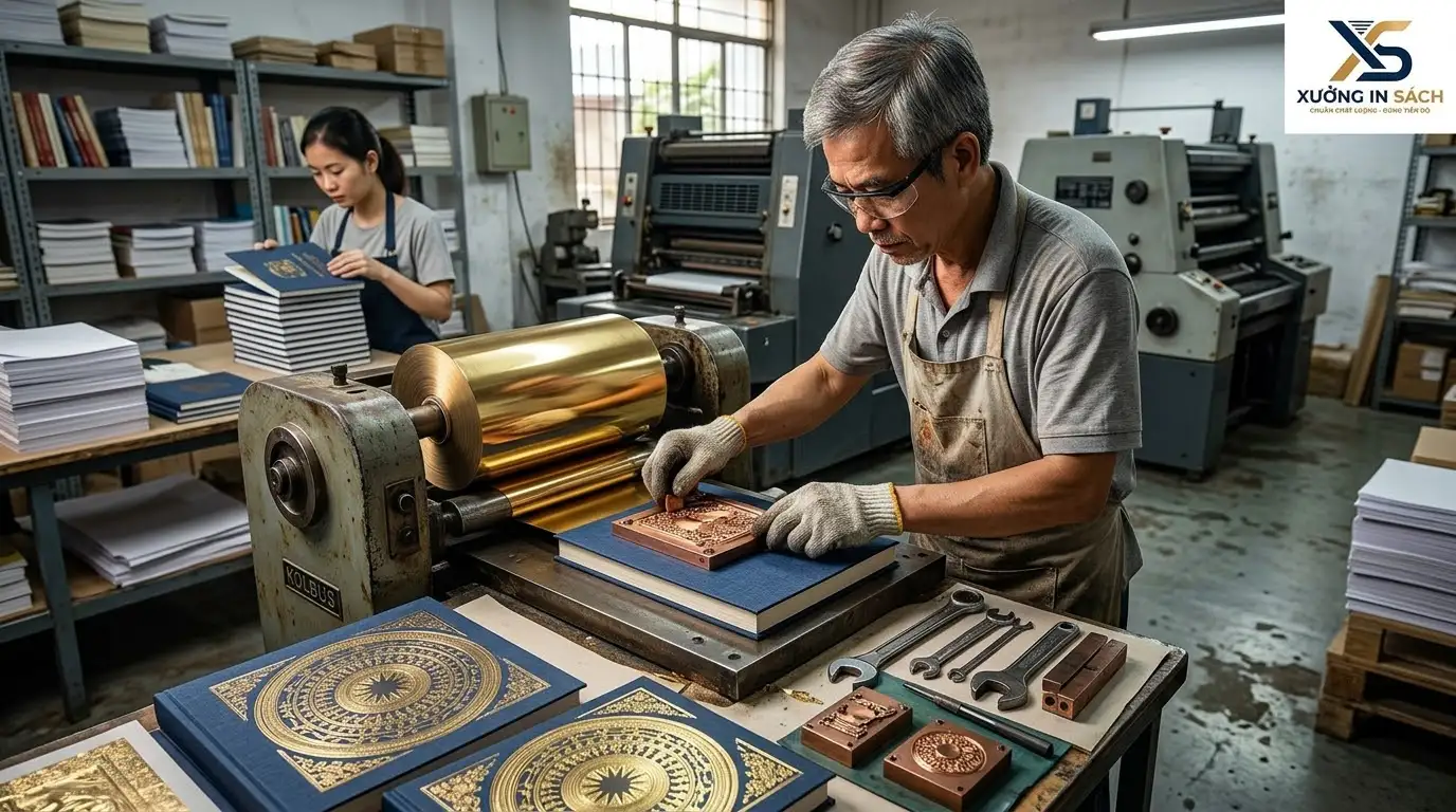 gia công bìa sách ép nhũ nổi sắc nét