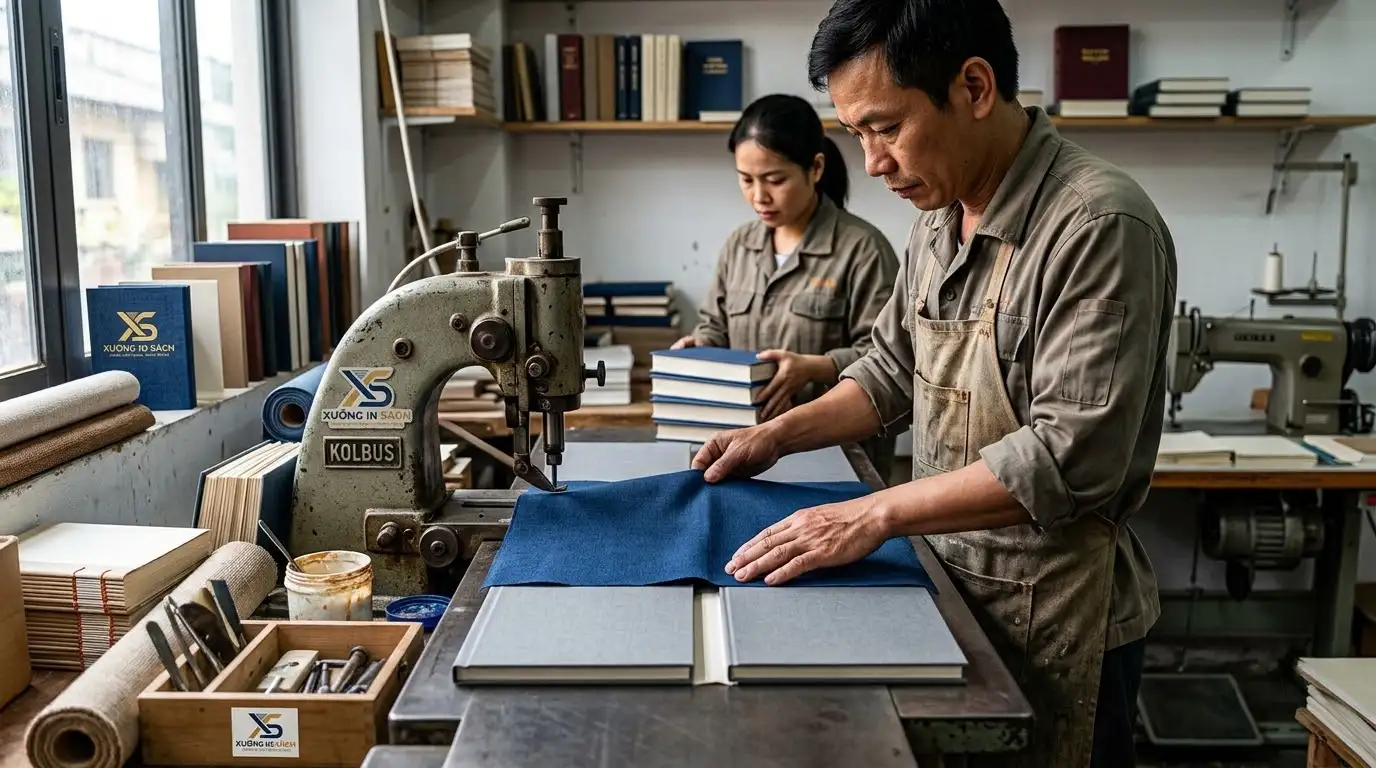 Công đoạn khâu chỉ may tép và vào bìa cứng nghệ thuật tại xưởng
