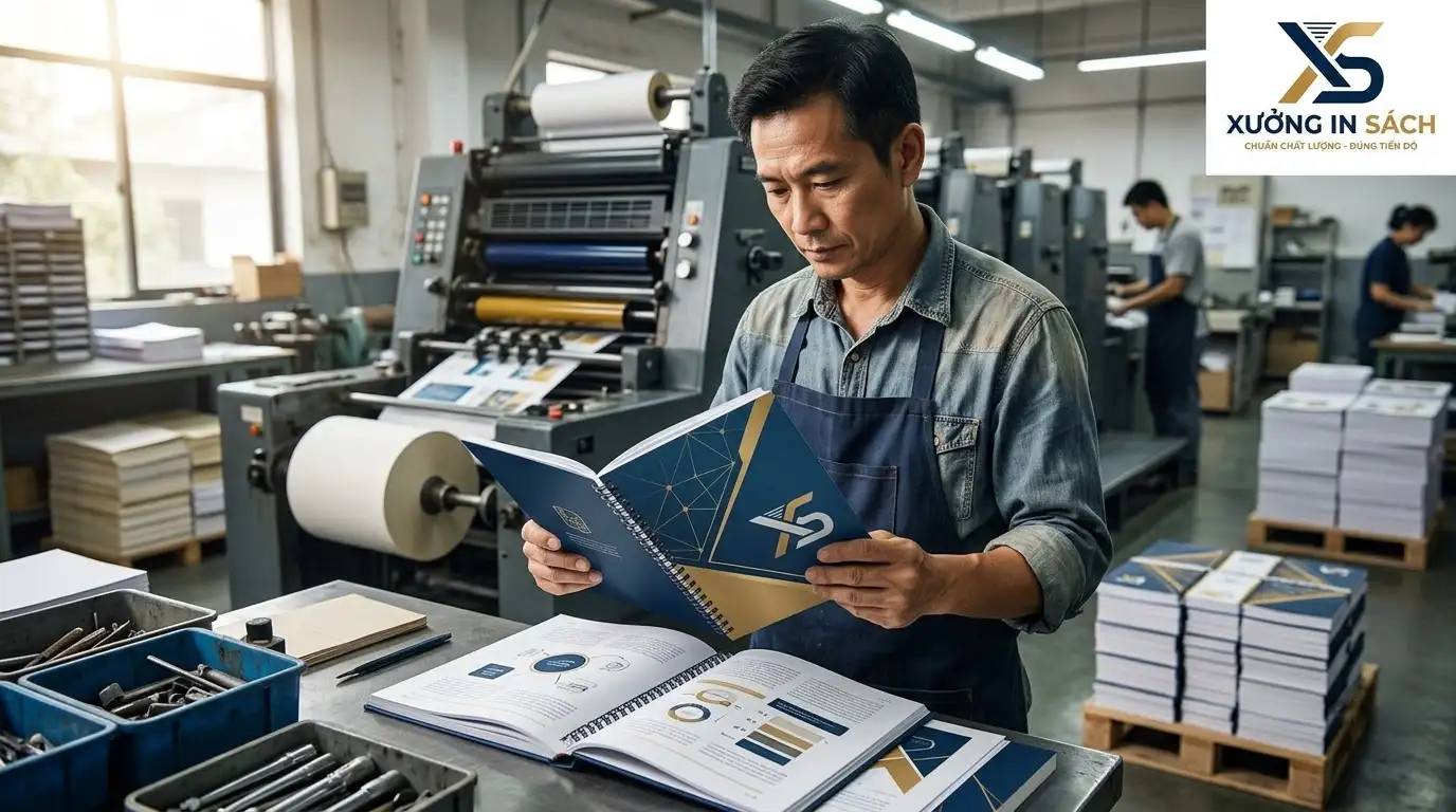 quy trình in ấn và gia công mẫu bìa cẩm nang nội bộ khép kín