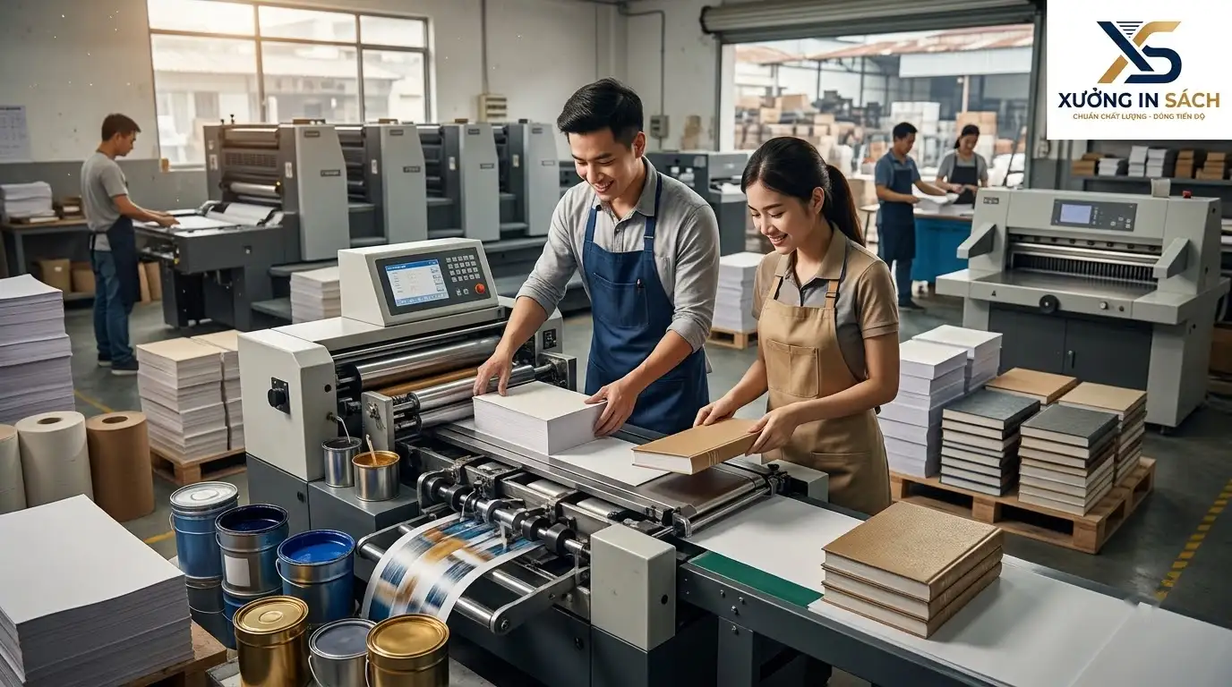 quy trình gia công khâu chỉ keo PUR mẫu bìa catalogue dạng sách