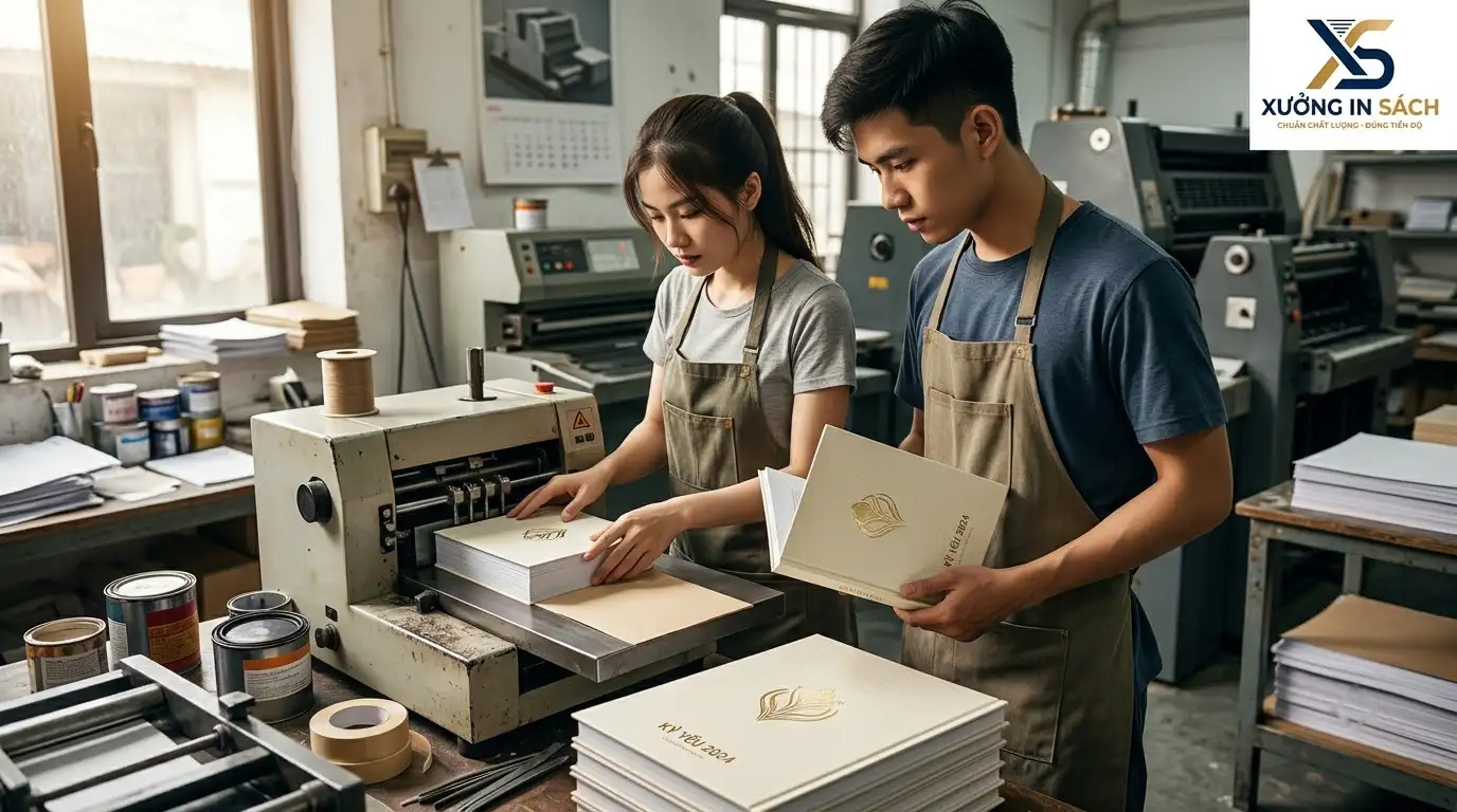 quy trình gia công mẫu bìa sách kỷ yếu bồi carton