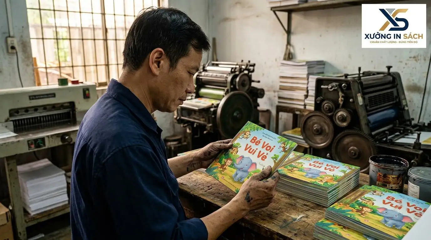 Kiểm tra chất lượng màu in mẫu bìa sách thiếu nhi trên máy offset