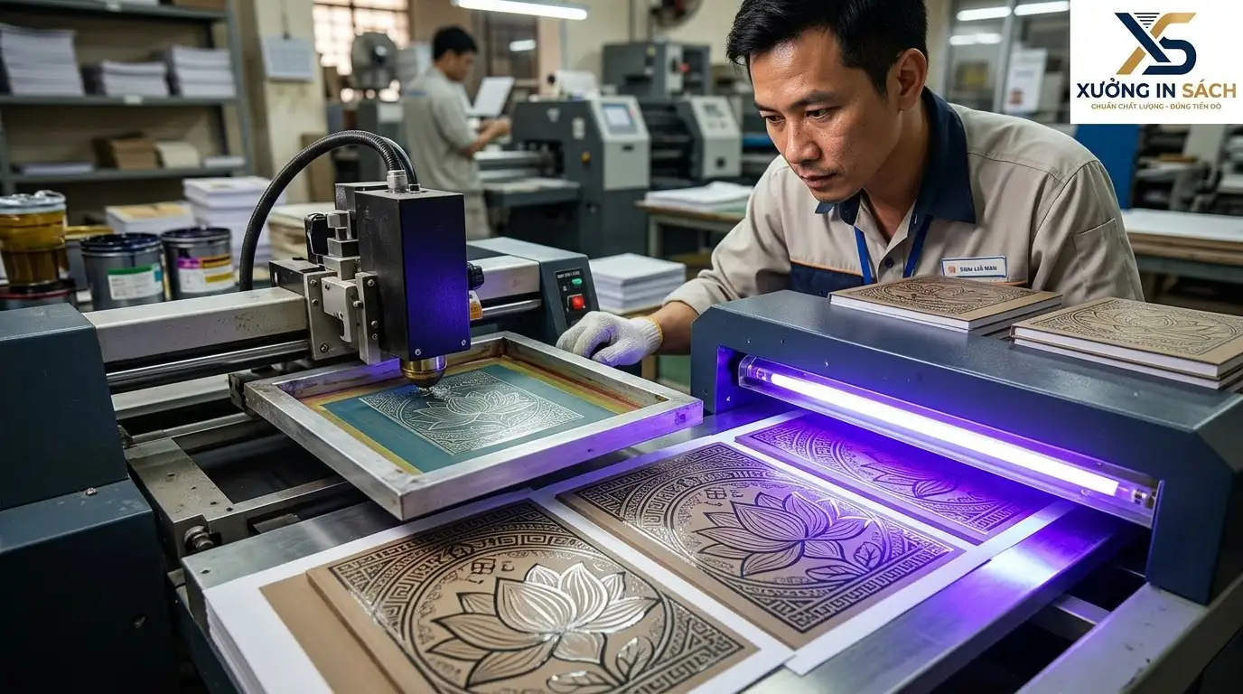Kỹ thuật phủ uv định hình bìa sách tạo độ bóng gương sắc nét