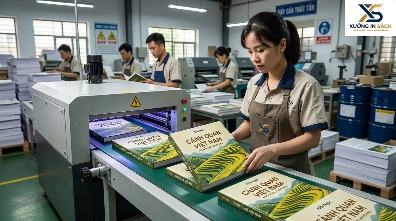 Gia công phủ uv định hình họa tiết bìa và logo sách