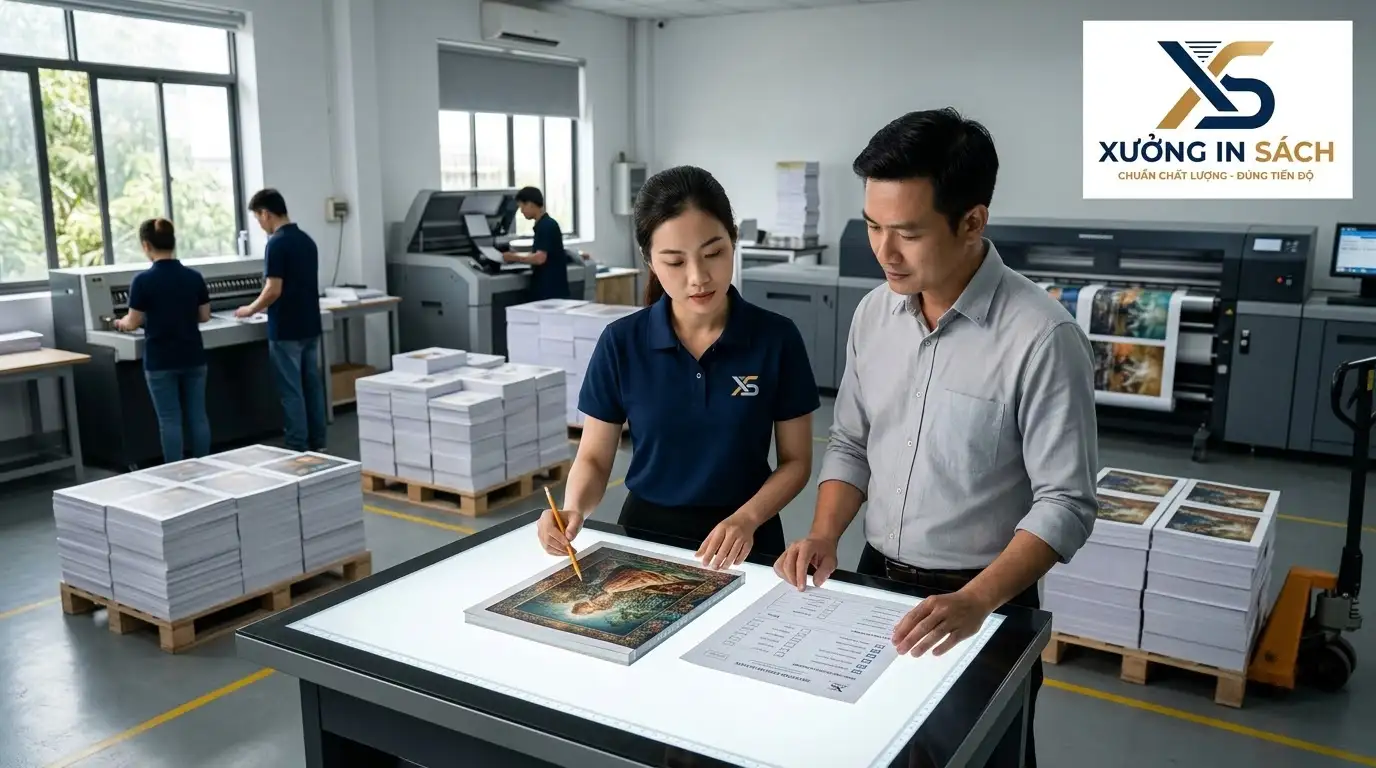 Kiểm tra và theo dõi tiến trình in ấn một cuốn sách trên máy offset