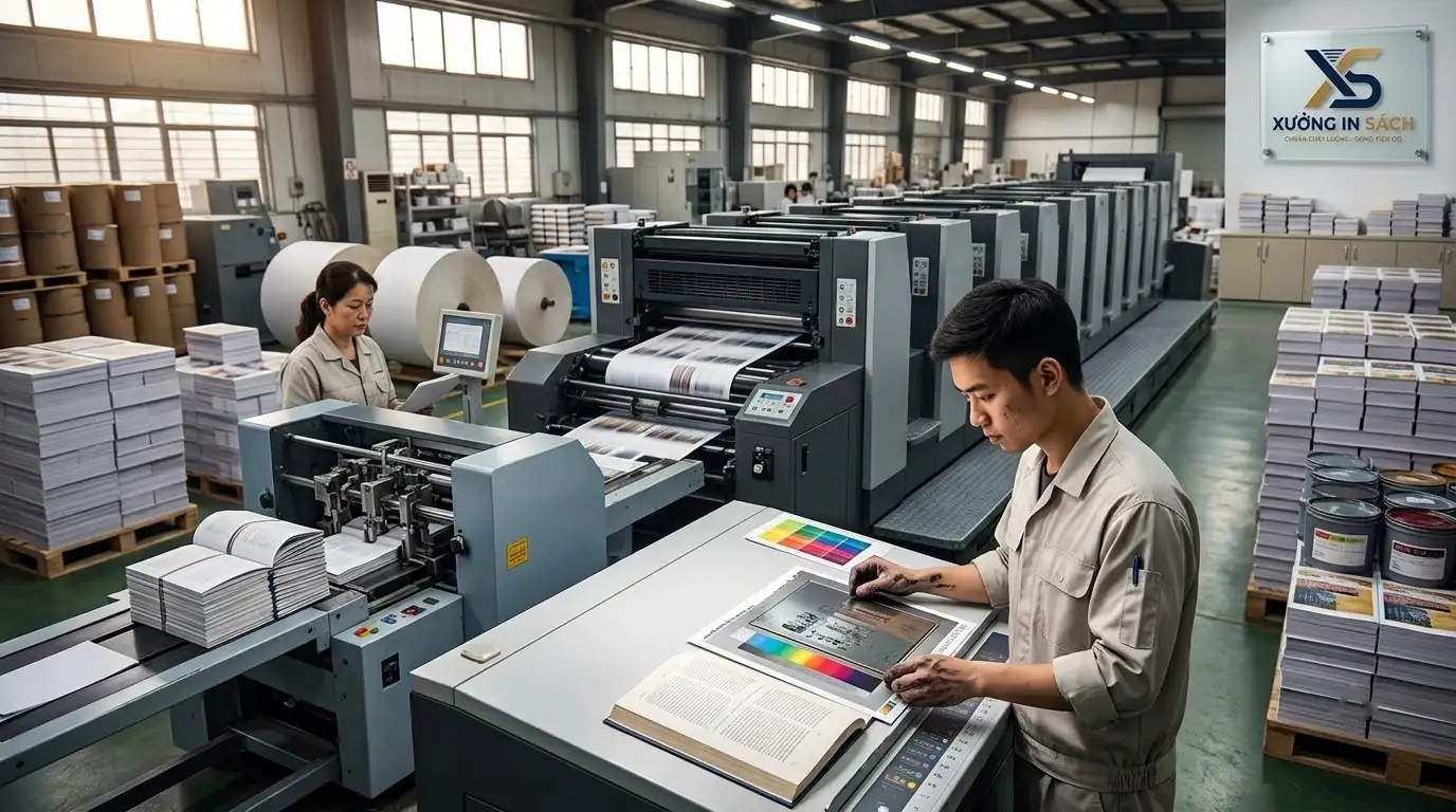 tiến độ sản xuất sách số lượng nhiều bằng máy offset công nghiệp